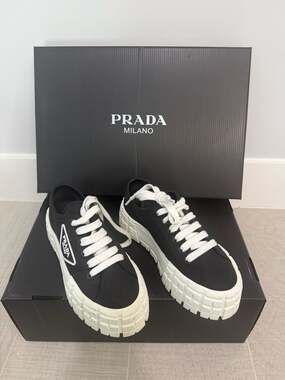 Prada Double Wheel Nylon Gabardine Low-Top Sneakers Black White